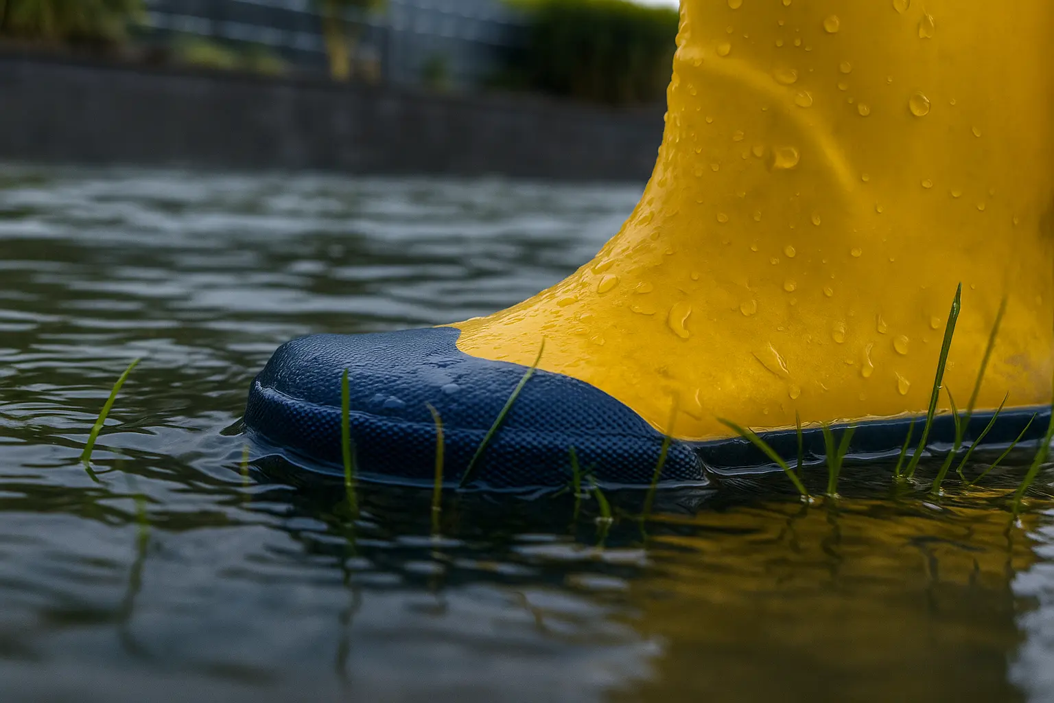 Elementarschäden Gebäudeversicherung. Gummistiefel in überflutete Wiese