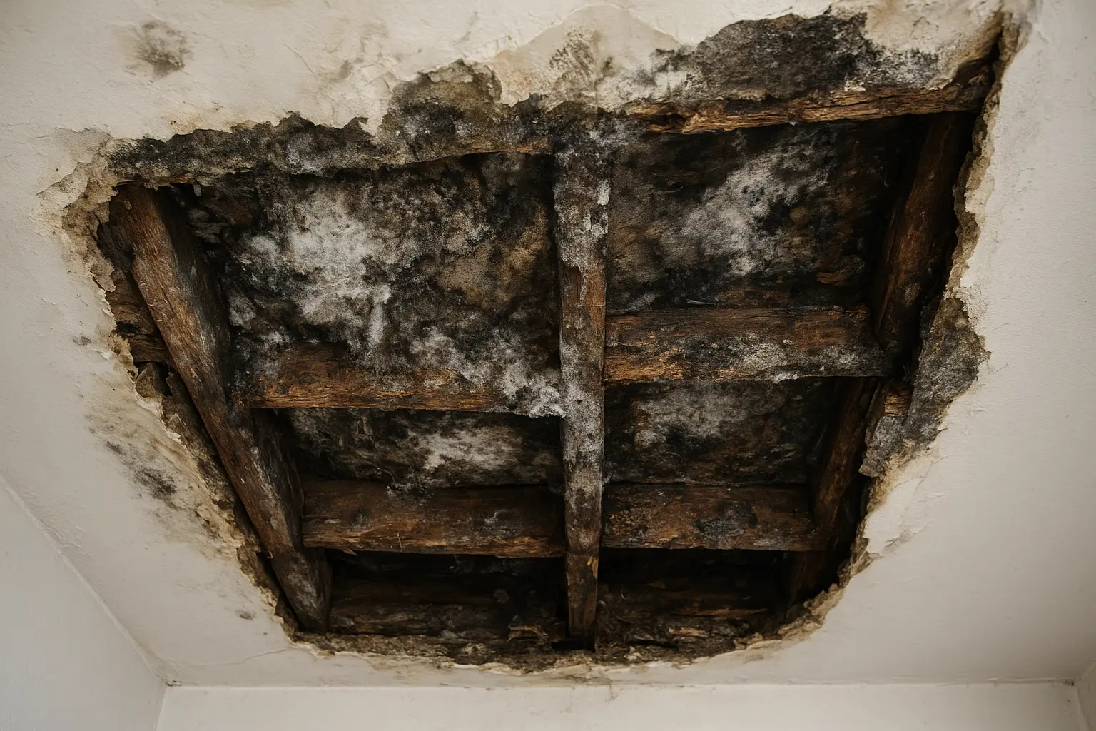 Schimmel und Schwammschäden in der Gebäudeversicherung. geöffnete verfaulte Decke